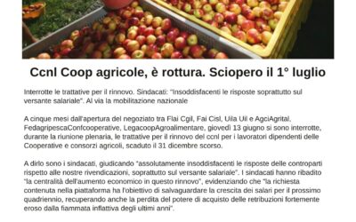 CCNL Coop agricole, è rottura. Sciopero il 1° luglio