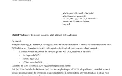 Rinnovo del biennio economico 2025-2026 del CCNL Allevatori